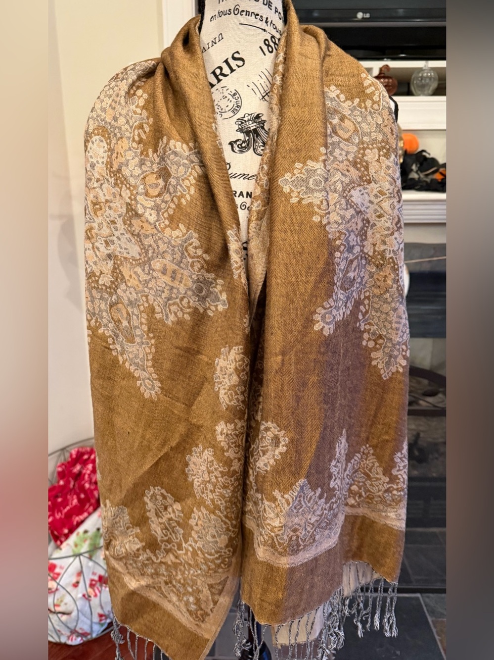 Boho Paisley Medallion Pashmina Scarf Fall Wrap Shawl Earthy Gold Cream Tan
